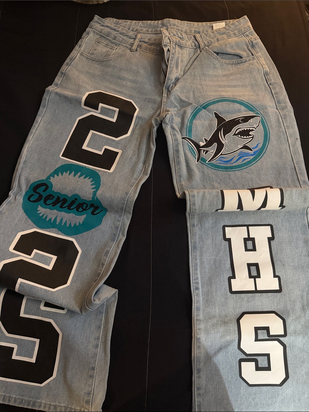 SHEIN Light Blue Wide-Leg Jeans with Shark & Number Graphics
